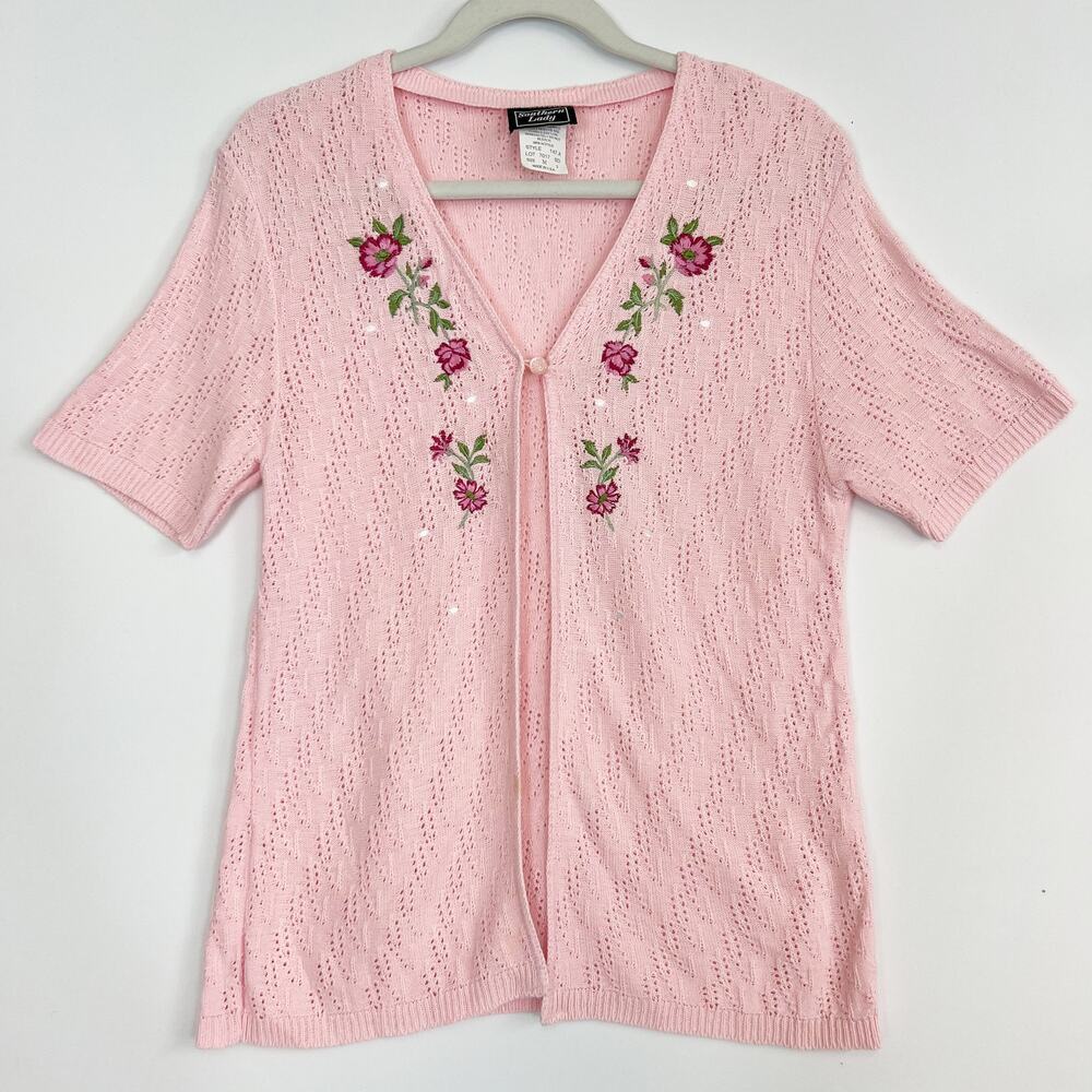 Southern Lady Vintage Knit Short Sleeve Cardigan Sweater Pink Women's Medium